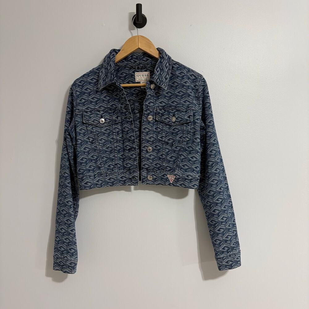 Guess Women's Medium Geometric Cropped Jean Jacket Blue Denim Y2K Glam Coquette